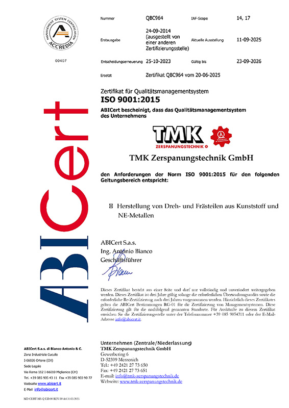 Zertifikat Qualitätsmanagement DIN EN ISO 9001:2015 Urkunde